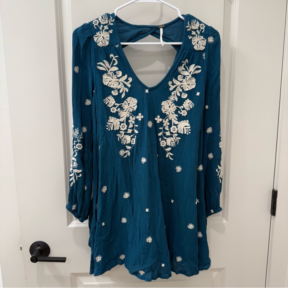 Free People Sweet Tennessee Embroidered Mini Dress Teal XS Floral Keyhole Boho